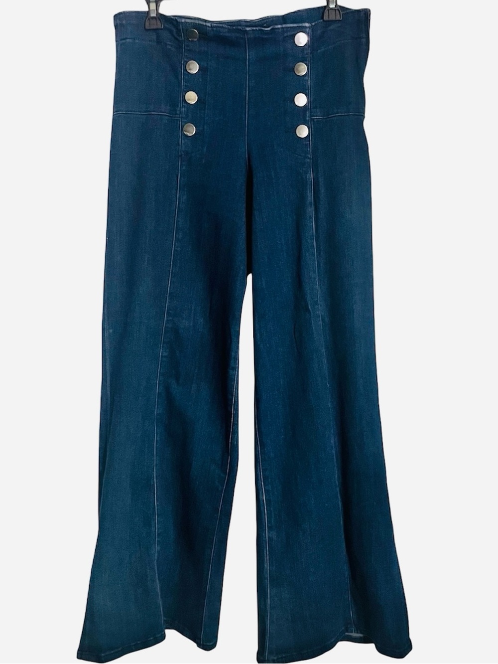 Express Stretch Wide Leg High Rise Navy Blue Silver Button Jeans Pants 6 - Picture 2 of 8